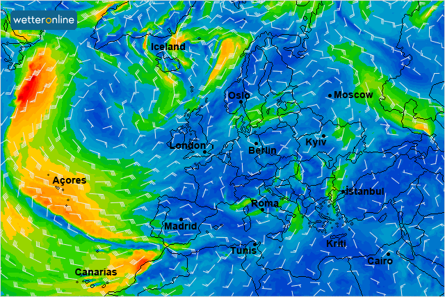 Karte mit Windstärken und -richtung für Europa